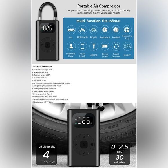 Electrical Air Pump Portable Wireless Tire Inflatable Pump for Car Bicycle Ball - Picture 9 of 10